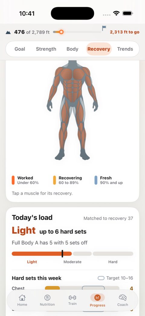 Steel Peak recovery screen: a muscle map of the body colored worked, recovering and fresh, with today's load matched to recovery.