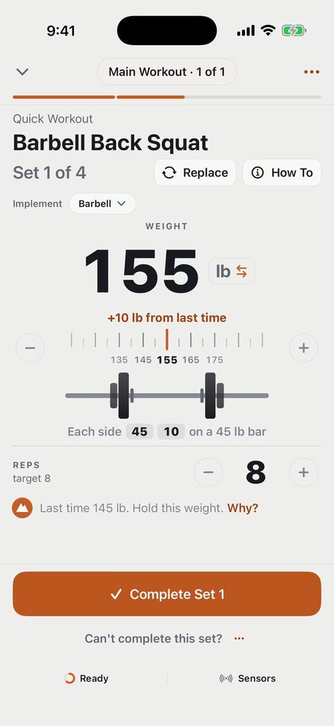 Steel Peak workout screen: Barbell Back Squat set to 155 pounds, 10 more than last time, with a 45 and a 10 pound plate drawn on each side of a 45 pound bar.